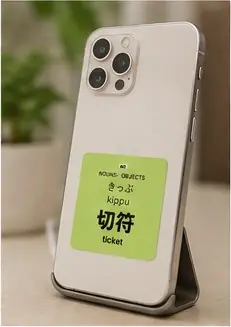 A 切符 (kippu, ticket) vocabulary sticker on the back of a smartphone in a stand