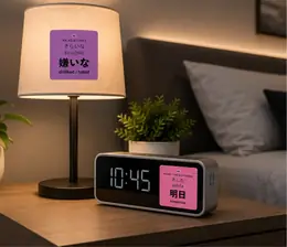 Two JLPT stickers on a nightstand: 嫌いな (kirai[na], disliked) on a lamp shade and 明日 (ashita, tomorrow) on a digital alarm clock