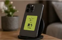 A 買う (kau, to buy) vocabulary sticker on the back of a smartphone in a stand