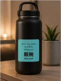 A みしわん (mishiwan, rice bowl) Uchinaaguchi sticker on a black insulated water bottle