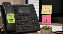 切符 (kippu, ticket) and の (no, possessive marker) vocabulary stickers on an office desk phone and monitor, next to a Japanese sticky note