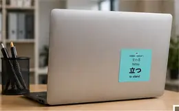 A 立つ (tatsu, to stand) vocabulary sticker on the back of a laptop on a desk with a pen cup