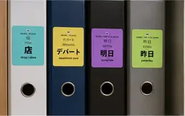 Four ring binders on a shelf each labeled with a JLPT vocabulary sticker: 店 (mise, shop), デパート (depaato, department store), 明日 (ashita, tomorrow), and 昨日 (kinou, yesterday)