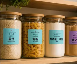 Uchinaaguchi vocabulary stickers labeling glass kitchen jars on a shelf, including 苗代 (naashiru, rice seedbed), 飯椀 (mishiwan, rice bowl), and 牛乳 (ushinuichii, milk)