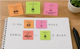 JLPT vocabulary stickers for 来年 (rainen, next year), 肉 (niku, meat), and へ (e, direction marker) used to build example sentences in a notebook