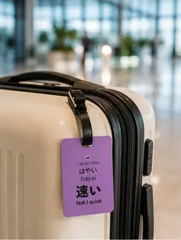 A 速い (hayai, fast/quick) vocabulary sticker used as a luggage tag on a white suitcase